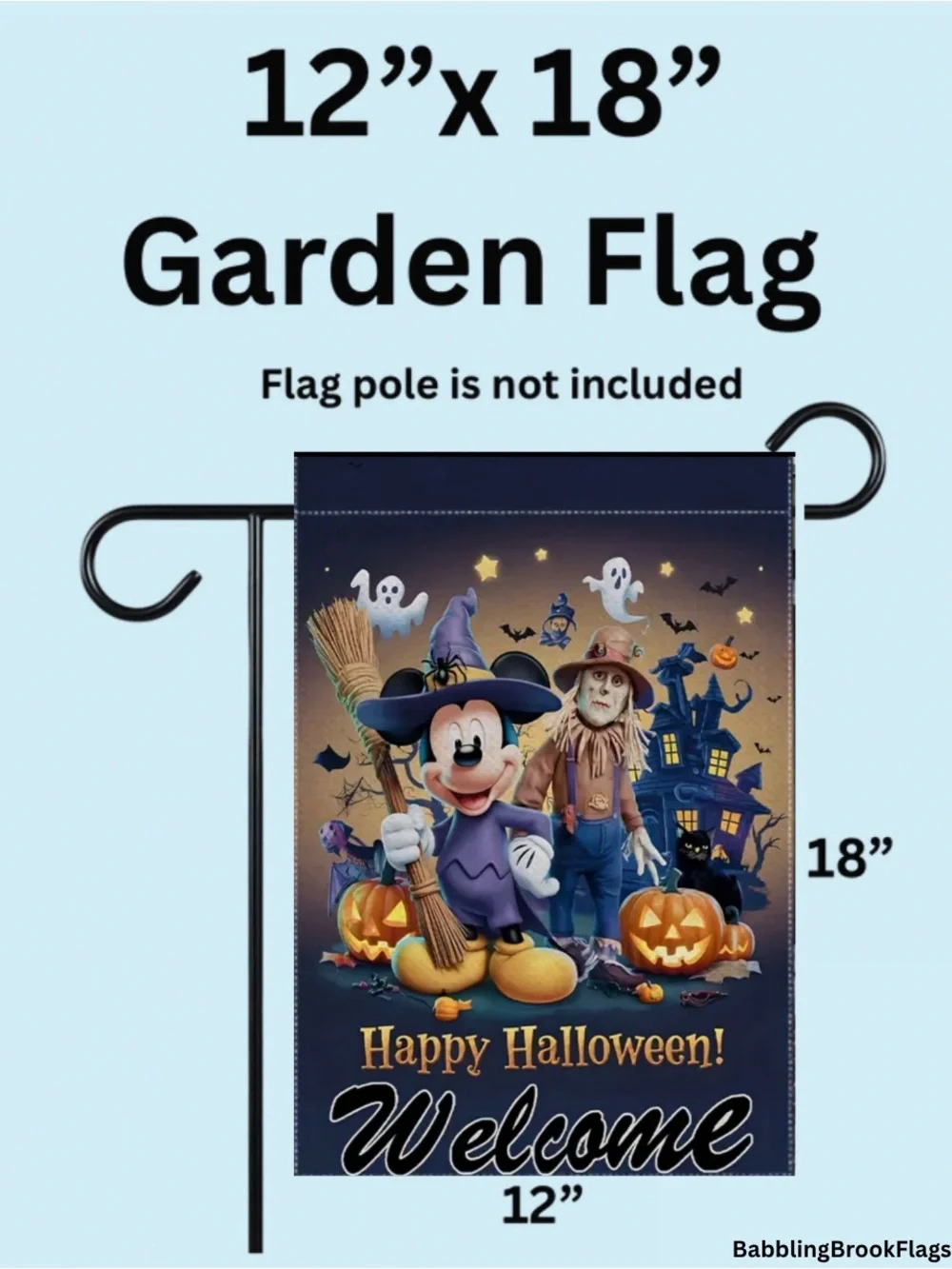 Halloween Mickey Mouse Garden Flag, approximately 12”x18”, burlap